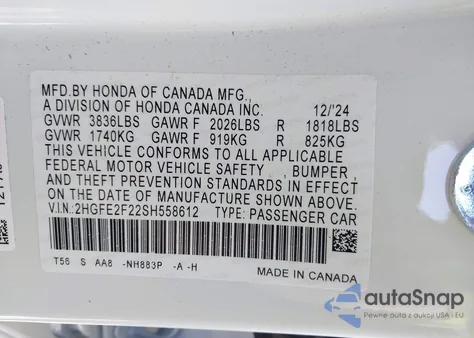 2025 Honda Civic Lx from USA, damaged, VIN 2HGFE2F22SH558612